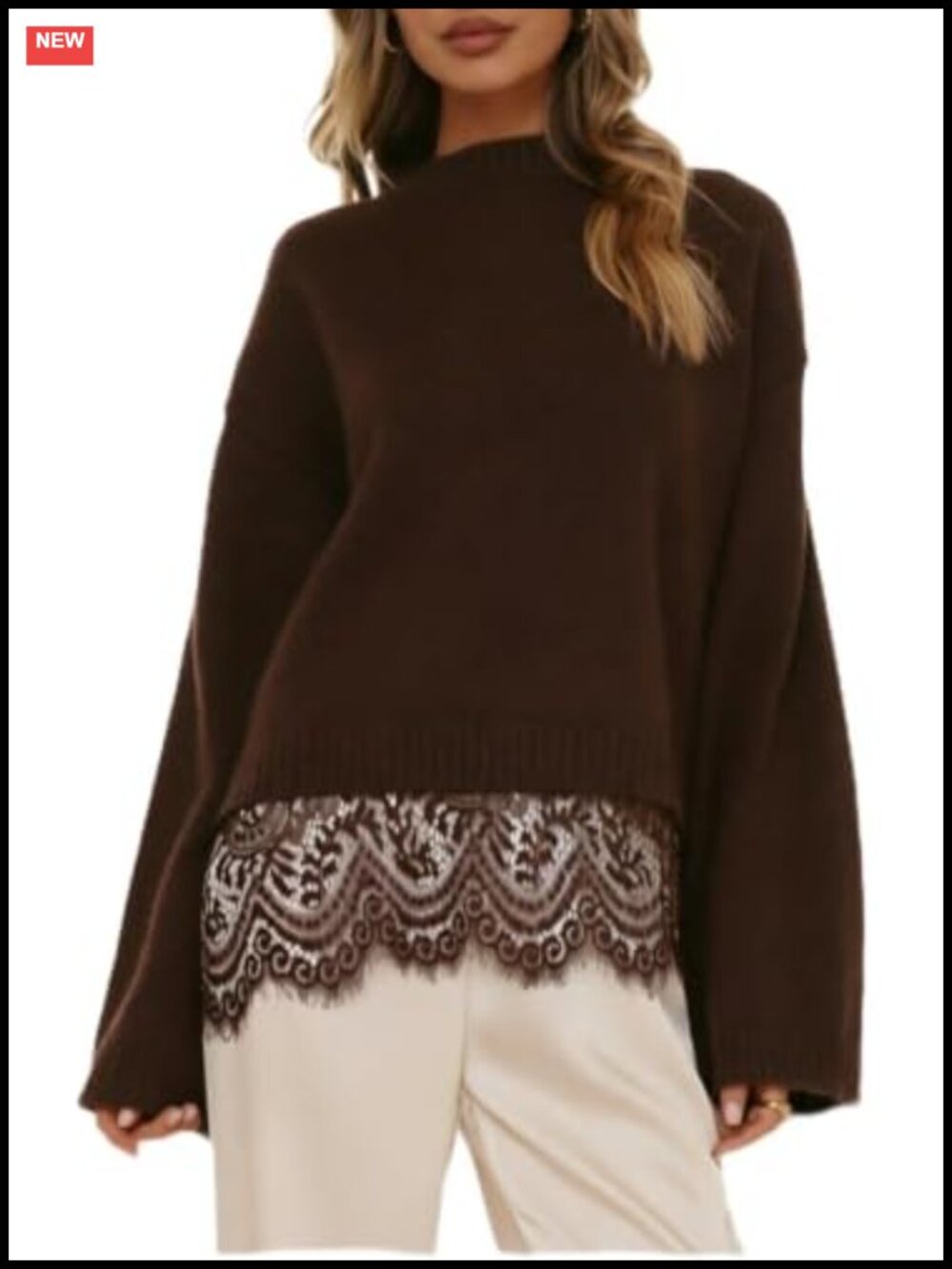 Lace Trim Sweater for Women Knit Pullover Mock Neck Long Sleeve